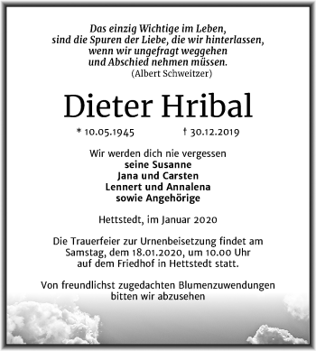 Traueranzeige von Dieter Hribal von Mitteldeutsche Zeitung Mansfelder Land