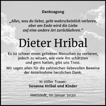 Traueranzeige von Dieter Hribal von Mitteldeutsche Zeitung Mansfelder Land