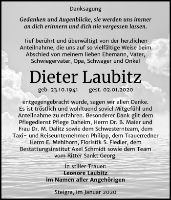 Traueranzeige von Dieter Laubitz von Wochenspiegel Merseburg/Querfurt / Naumburg/Nebra