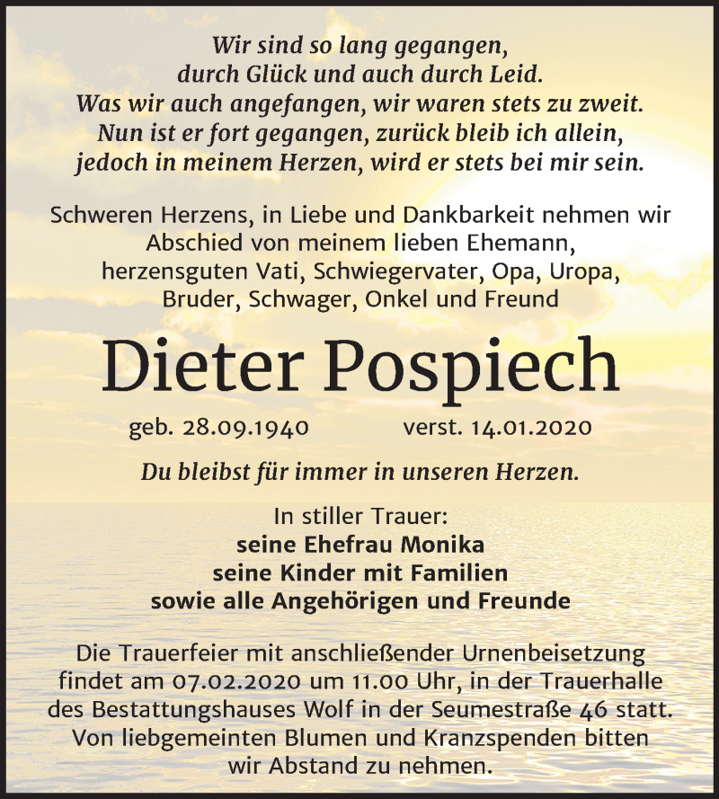  Traueranzeige für Dieter Pospiech vom 25.01.2020 aus Mitteldeutsche Zeitung Weißenfels