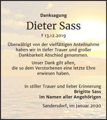 Traueranzeige von Dieter Sass von Mitteldeutsche Zeitung Bitterfeld