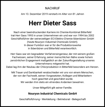 Traueranzeige von Dieter Sass von Mitteldeutsche Zeitung Bitterfeld