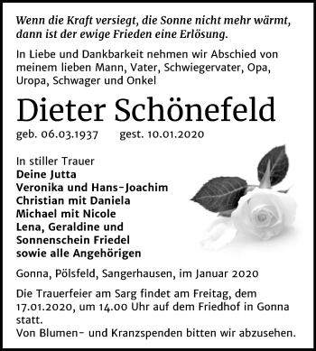 Traueranzeige von Dieter Schönefeld von Mitteldeutsche Zeitung Sangerhausen