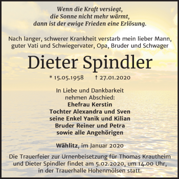 Traueranzeige von Dieter Spindler von Mitteldeutsche Zeitung Weißenfels