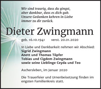 Traueranzeige von Dieter Zwingmann von Mitteldeutsche Zeitung Aschersleben