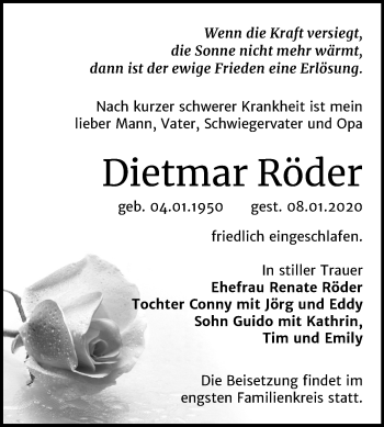 Traueranzeige von Dietmar Röder von Super Sonntag Wittenberg