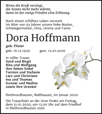 Traueranzeige von Dora Hoffmann von Mitteldeutsche Zeitung Sangerhausen