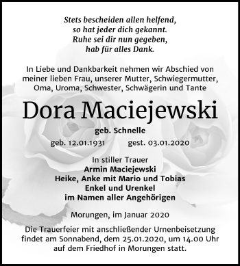 Traueranzeige von Dora Maciejewski von Mitteldeutsche Zeitung Sangerhausen