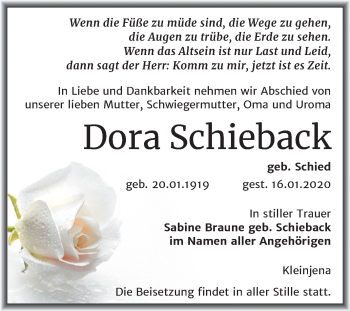 Traueranzeige von Dora Schieback von Mitteldeutsche Zeitung Naumburg/Nebra