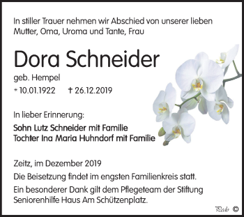 Traueranzeige von Dora Schneider von Mitteldeutsche Zeitung Zeitz