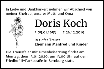 Traueranzeige von Doris Koch von Super Sonntag Bernburg
