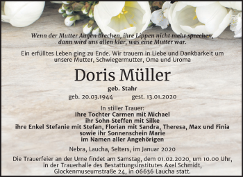 Traueranzeige von Doris Müller von Wochenspiegel Merseburg/Querfurt / Naumburg/Nebra