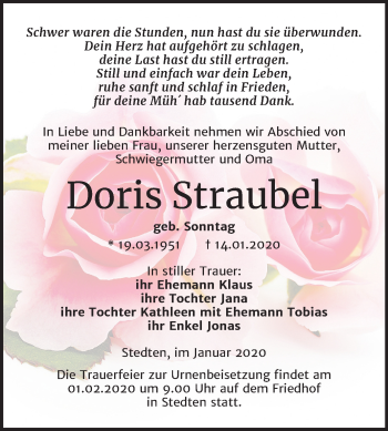 Traueranzeige von Doris Straubel von Mitteldeutsche Zeitung Mansfelder Land