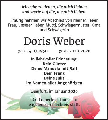 Traueranzeige von Doris Weber von Mitteldeutsche Zeitung Merseburg/Querfurt