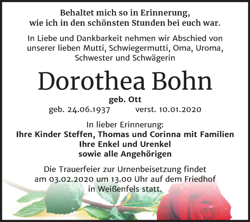  Traueranzeige für Dorothea Bohn vom 18.01.2020 aus Mitteldeutsche Zeitung Weißenfels