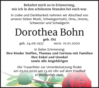 Traueranzeige von Dorothea Bohn von Mitteldeutsche Zeitung Weißenfels