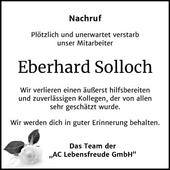Traueranzeige von Eberhard Solloch von Wochenspiegel Dessau-Roßlau
