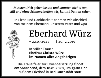 Traueranzeige von Eberhard Würz von Mitteldeutsche Zeitung Merseburg/Querfurt