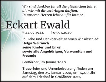 Traueranzeige von Eckart Ewald von Mitteldeutsche Zeitung Mansfelder Land