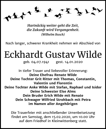 Traueranzeige von Eckhardt Gustav Wilde von Mitteldeutsche Zeitung Wittenberg