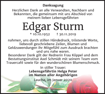 Traueranzeige von Edgar Sturm von Wochenspiegel Naumburg/Nebra