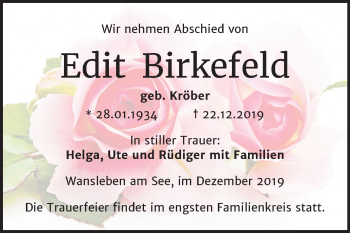 Traueranzeige von Edit Birkefeld von Wochenspiegel Mansfelder Land