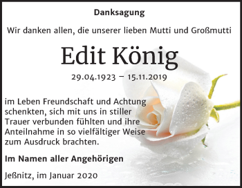 Traueranzeige von Edit König von Wochenspiegel Bitterfeld