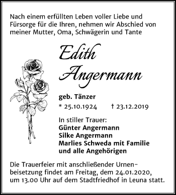 Traueranzeige von Edith Angermann von Wochenspiegel Merseburg/Querfurt
