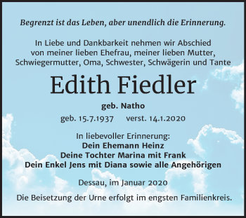 Traueranzeige von Edith Fiedler von Super Sonntag Dessau-Roßlau
