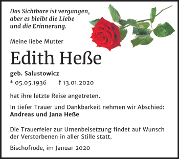 Traueranzeige von Edith Heße von Mitteldeutsche Zeitung Mansfelder Land