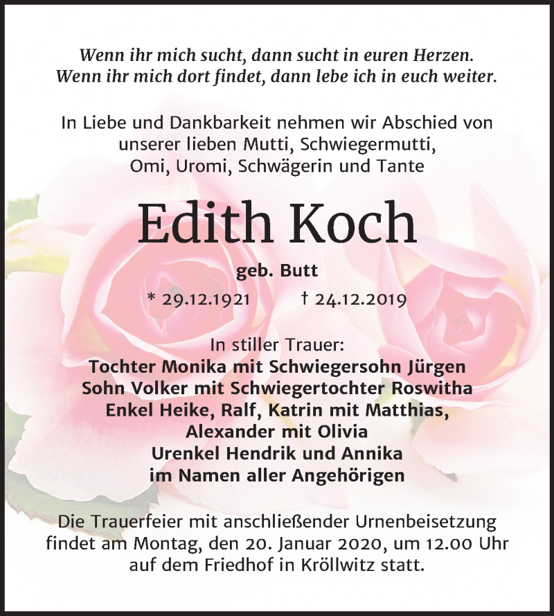  Traueranzeige für Edith Koch vom 04.01.2020 aus Mitteldeutsche Zeitung Halle/Saalkreis