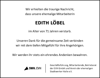 Traueranzeige von Edith Löbel von Mitteldeutsche Zeitung Halle/Saalkreis