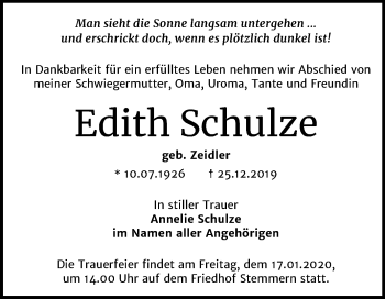 Traueranzeige von Edith Schulze von Super Sonntag Bernburg