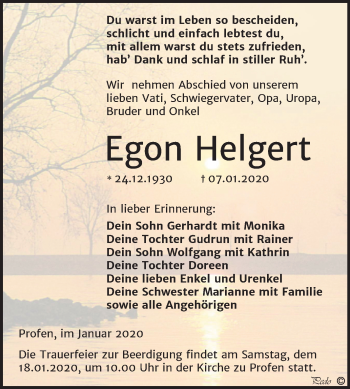 Traueranzeige von Egon Helgert von Super Sonntag Zeitz