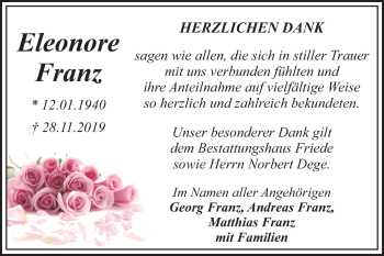 Traueranzeige von Eleonore Franz von Super Sonntag Dessau-Roßlau / Köthen