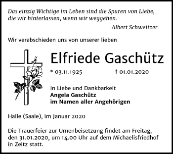 Traueranzeige von Elfriede Gaschütz von Mitteldeutsche Zeitung Zeitz