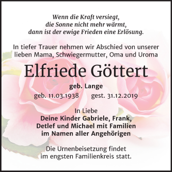 Traueranzeige von Elfriede Göttert von Super Sonntag Wittenberg