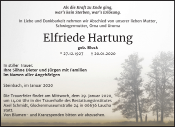 Traueranzeige von Elfriede Hartung von Mitteldeutsche Zeitung Naumburg/Nebra