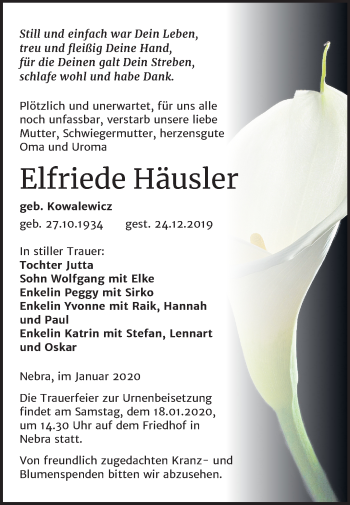 Traueranzeige von Elfriede Häusler von Wochenspiegel Naumburg/Nebra