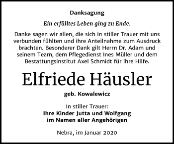 Traueranzeige von Elfriede Häusler von Wochenspiegel Naumburg/Nebra