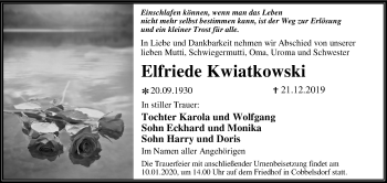 Traueranzeige von Elfriede Kwiatkowski von Mitteldeutsche Zeitung Dessau-Roßlau / Wittenberg