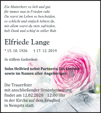 Traueranzeige von Elfriede Lange von Mitteldeutsche Zeitung Merseburg/Querfurt