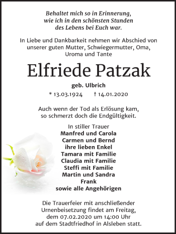 Traueranzeige von Elfriede Patzak von Super Sonntag Sangerhausen
