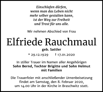 Traueranzeige von Elfriede Rauchmaul von Mitteldeutsche Zeitung Halle/Saalkreis