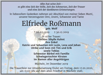Traueranzeige von Elfriede Roßmann von Super Sonntag Merseburg/Querfurt