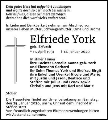 Traueranzeige von Elfriede York von Wochenspiegel Naumburg/Nebra