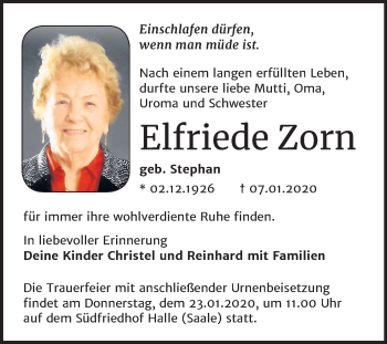 Traueranzeige von Elfriede Zorn von Mitteldeutsche Zeitung Merseburg/Querfurt