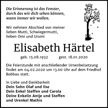 Traueranzeige von Elisabeth Härtel von Mitteldeutsche Zeitung Bitterfeld