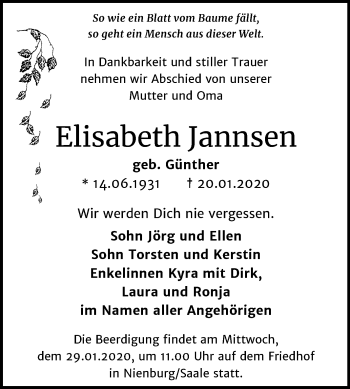 Traueranzeige von Elisabeth Jannsen von Super Sonntag Bernburg