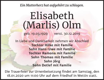 Traueranzeige von Elisabeth Olm von Mitteldeutsche Zeitung Halle/Saalkreis